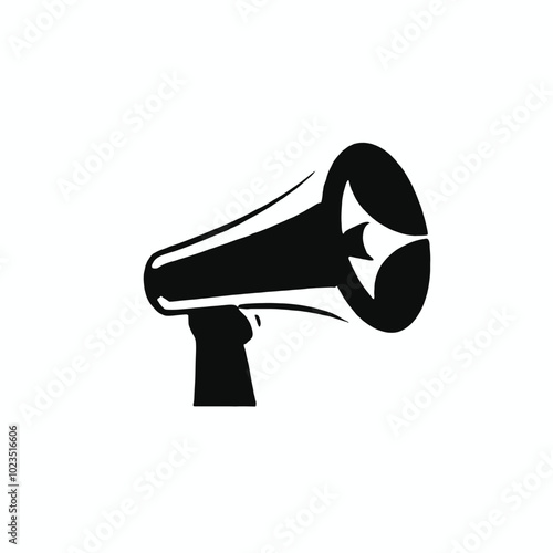 A black and white illustration of a megaphone or bullhorn with a sun-like symbol on the speaker 