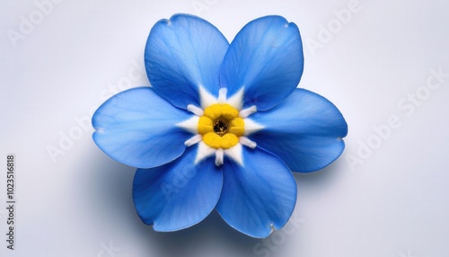 Macro Close-Up of a Vivid Blue Forget Me Not Flower in Full Bloom With Yellow and White Center Against a Soft Neutral Background