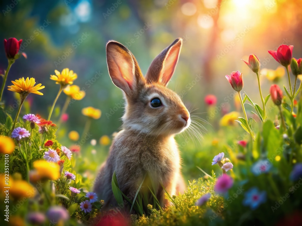Adorable Bunny Rabbit in a Lush Green Meadow Surrounded by Colorful Flowers and Soft Sunshine for Nature Lovers Adorable Bunny Rabbit in a Lush Green Meadow Surrounded by Colorful Flowers and Soft Sunshine for Nature Lovers