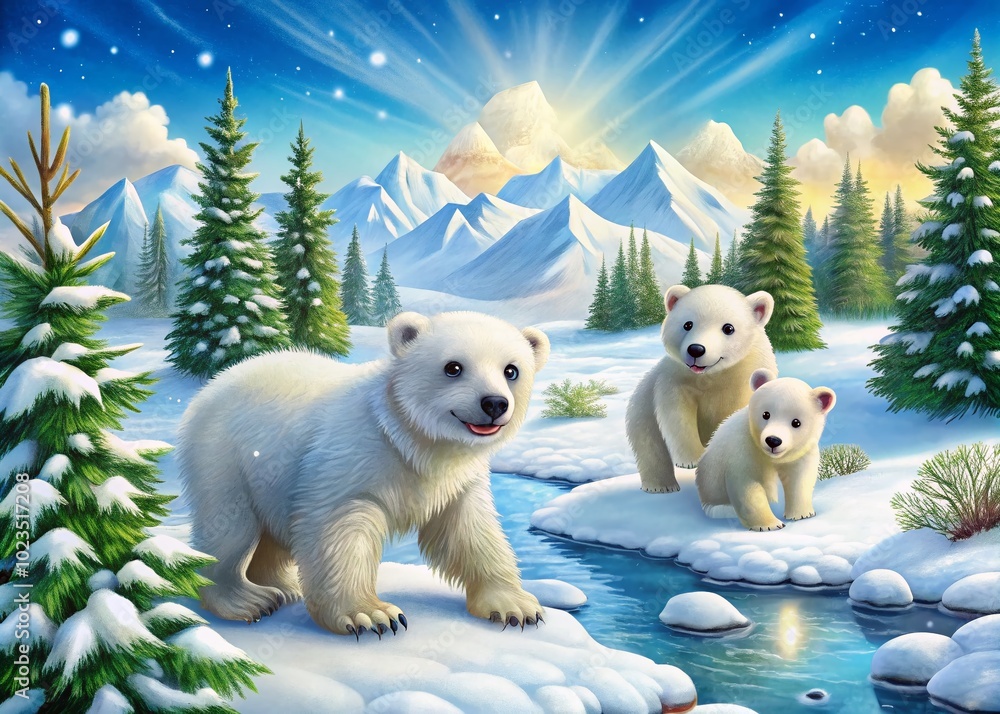 Adorable Cartoon Polar Bears Playing in a Snowy Landscape - Perfect for Winter and Arctic-Themed Designs and Adorable Cartoon Polar Bears Playing in a Snowy Landscape - Perfect for Winter and Arctic-Themed Designs and