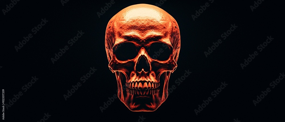 Eerie Close-up of Illuminated Human Skull with Detailed Bone Structure and Dramatic Shadows on Dark Background Eerie Close-up of Illuminated Human Skull with Detailed Bone Structure and Dramatic Shadows on Dark Background