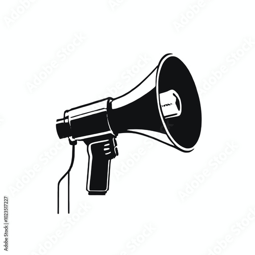 A black and white illustration of a megaphone or bullhorn with a sun-like symbol on the speaker 