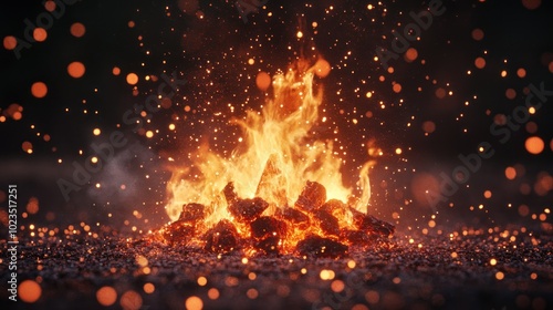 A vibrant campfire with glowing embers and sparks against a dark background.