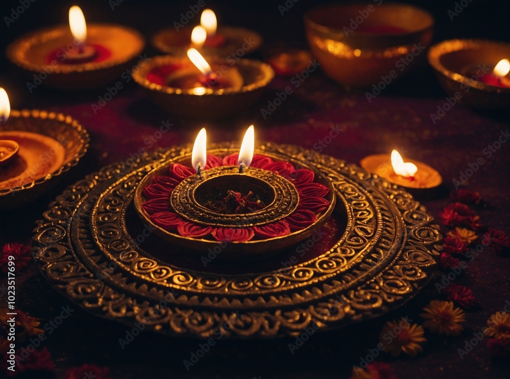 Diwali night illuminated by the vibrant glow of traditional lamps and the excitement of festive fireworks Diwali night illuminated by the vibrant glow of traditional lamps and the excitement of festive fireworks