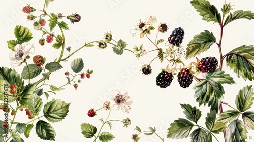 Blooming Beauty Exquisite Blackberry Botanical Illustration for Gardening Enthusiasts