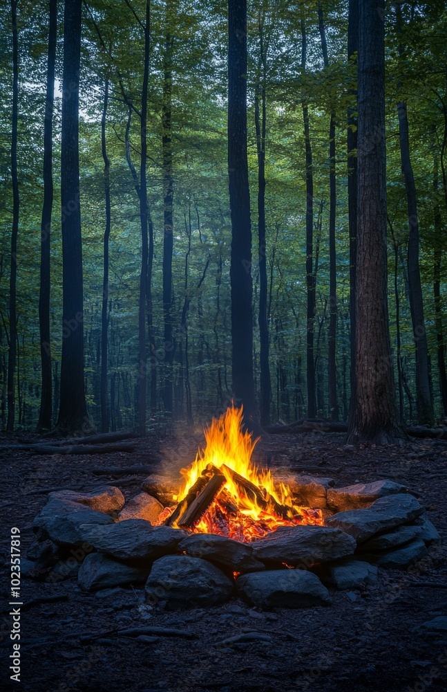 Vibrant Campfire Amid Towering Forest Trees at Dusk Vibrant Campfire Amid Towering Forest Trees at Dusk