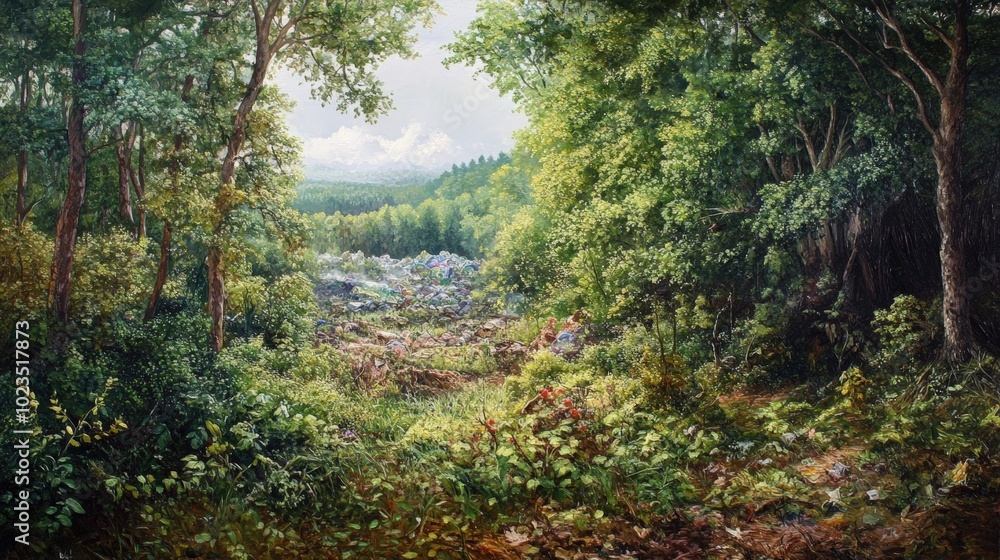 Fototapeta premium Forest clearing reveals garbage dump.