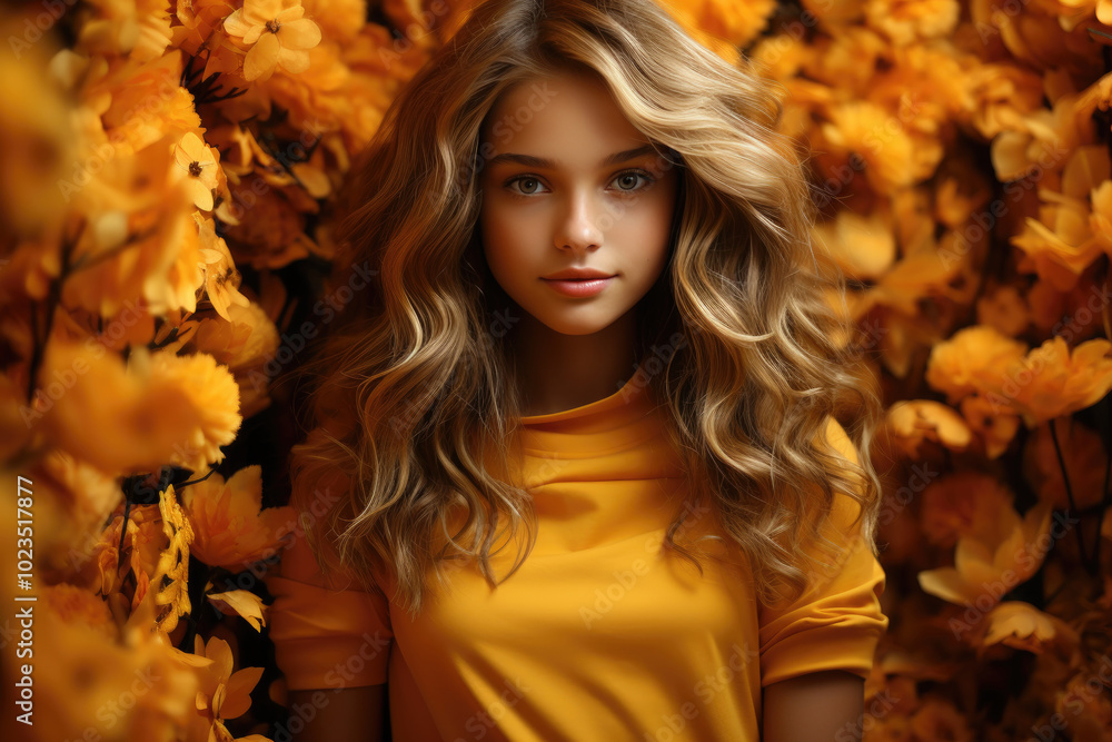A girl with long, wavy hair is surrounded by bright yellow flowers, creating a warm, inviting atmosphere that highlights her serene expression and charm A girl with long, wavy hair is surrounded by bright yellow flowers, creating a warm, inviting atmosphere that highlights her serene expression and charm