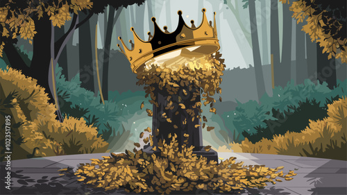 Golden crown melting into cascade of shimmering leaves.