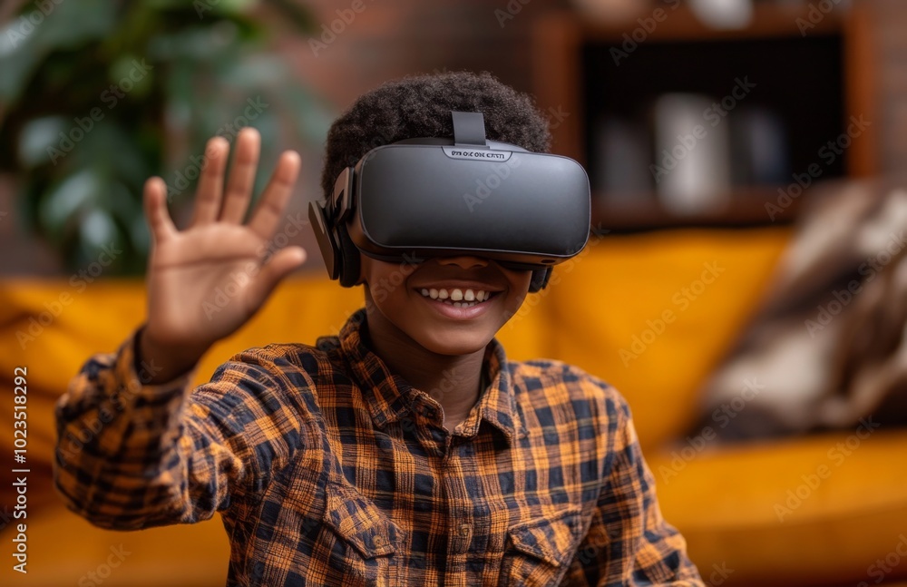 Black Teenage Boy Using VR Headset on Sofa at Home Black Teenage Boy Using VR Headset on Sofa at Home