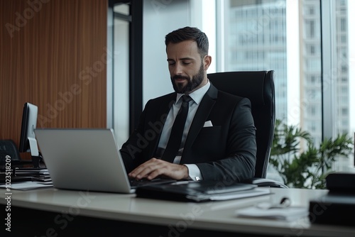 Businessman Working Diligently at His Desk in a Modern Office During Daytime With a Focused Expression