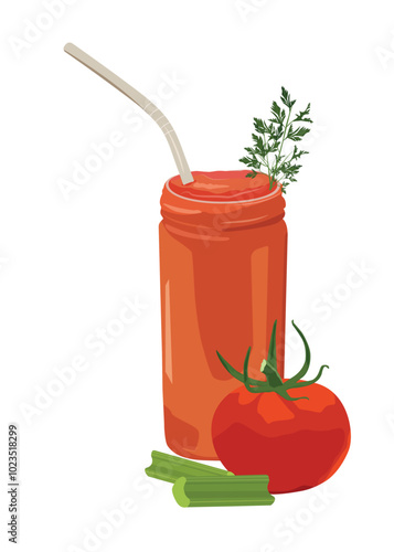 Delicious tomato juice in a glass, straw and sprigs of parsley. Celery sticks and tomato. Vector illustration of fresh red vegetable juice drink. Vegetarianism, raw food, juice diet, healthy lifestyle