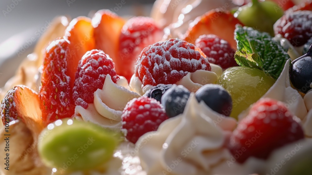 Close-up of a Dessert with Fresh Berries, Whipped Cream, and Green Grapes Close-up of a Dessert with Fresh Berries, Whipped Cream, and Green Grapes