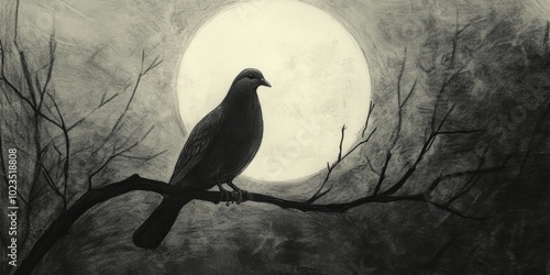 A black bird perched on a branch under a full