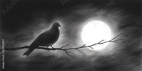A lone bird perched on a branch under the moon.