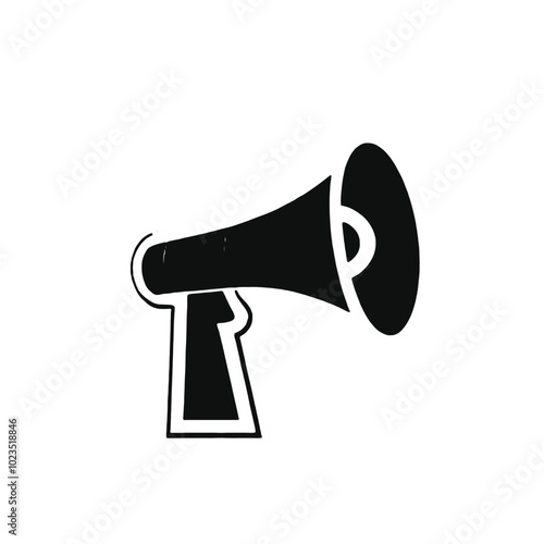 A black and white illustration of a megaphone or bullhorn with a sun-like symbol on the speaker 