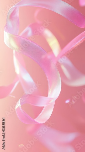 Delicate pink ribbons swirl elegantly in the air, set against a dreamy pastel backdrop