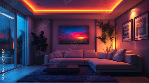 Living Room Interior Design with Sunset Painting and Orange Lighting