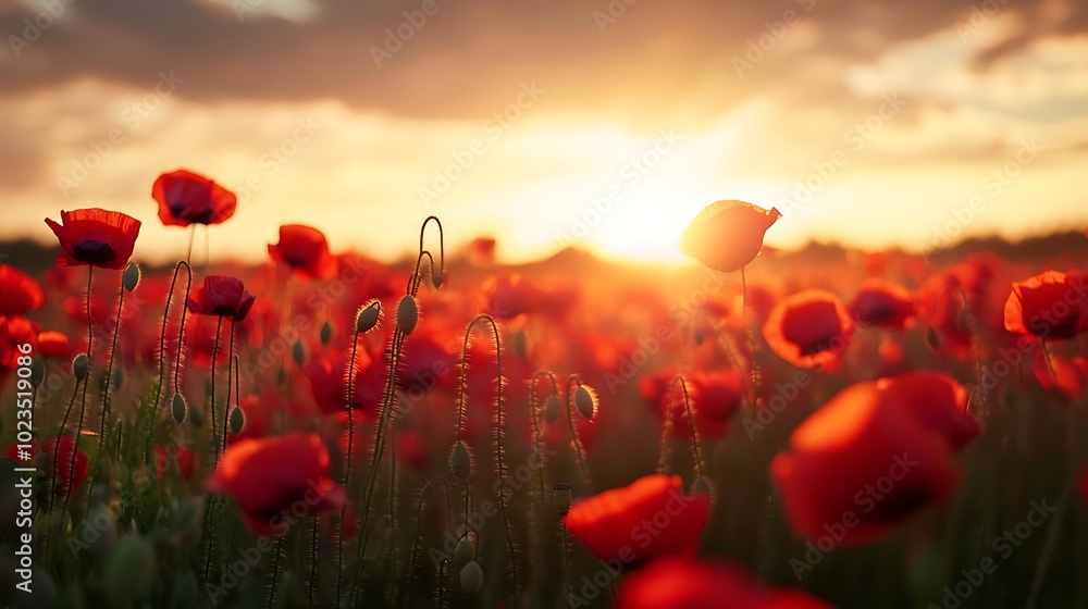Obraz premium A vibrant field of red poppies illuminated by a warm sunset, creating a serene and picturesque landscape.