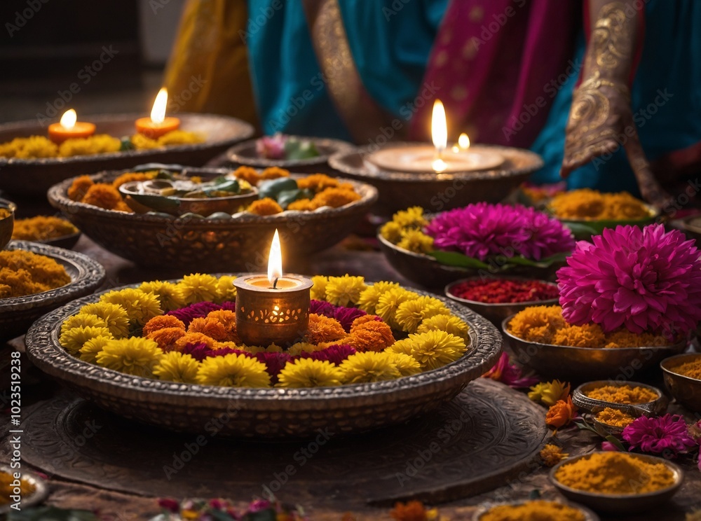 Obraz premium Diwali night shines with the beautiful reflections of lights on tranquil water