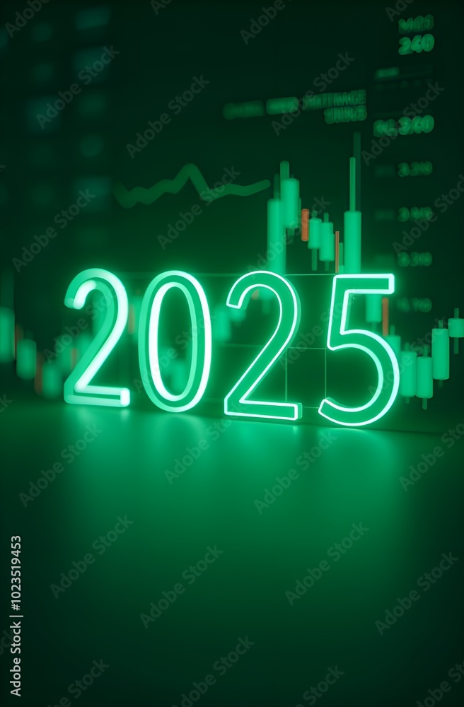 On a green background, stock quotes and 2025 with green neon backlight On a green background, stock quotes and 2025 with green neon backlight
