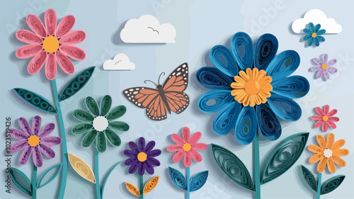 A whimsical scene of paper quill flowers and a butterfly, capturing the joy and movement of nature.