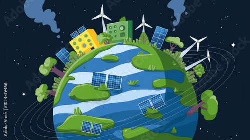 Illustration of a green planet with eco-friendly elements like solar panels, wind turbines, and trees, symbolizing sustainability and environmental protection photo