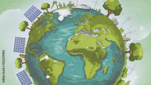 Illustration of a green planet with eco-friendly elements like solar panels, wind turbines, and trees, symbolizing sustainability and environmental protection photo