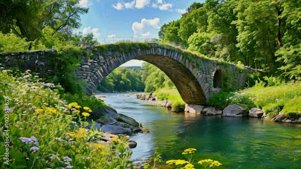 A serene landscape featuring a stone bridge over a river, surrounded by lush greenery and flowers. A serene landscape featuring a stone bridge over a river, surrounded by lush greenery and flowers.