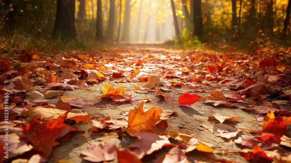 Forest trail, close-up of fallen leaves on a path. Forest trail, close-up of fallen leaves on a path.