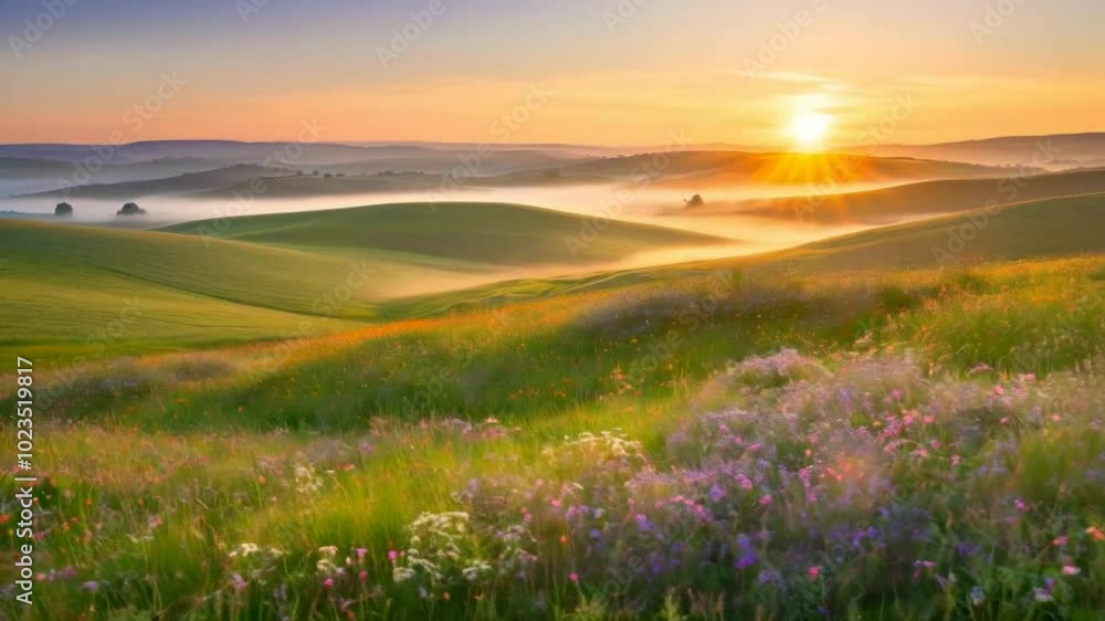 A serene sunrise over rolling hills adorned with vibrant wildflowers and misty valleys. A serene sunrise over rolling hills adorned with vibrant wildflowers and misty valleys.