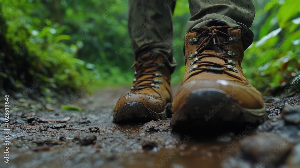 Forest trail, close-up of hiking boots on a trail, lush green forest in background Forest trail, close-up of hiking boots on a trail, lush green forest in background