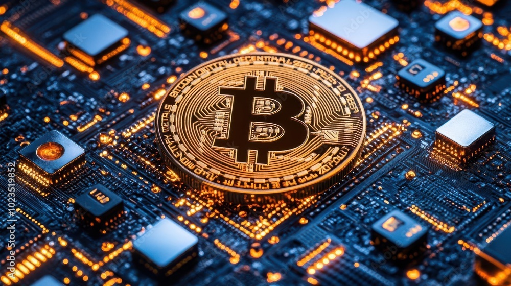 A close-up view of a Bitcoin coin on a circuit board, symbolizing digital currency and blockchain technology. A close-up view of a Bitcoin coin on a circuit board, symbolizing digital currency and blockchain technology.