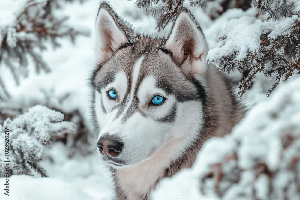 Husky dog in the winter forest surrounded by snowdrifts and snow-covered trees Husky dog in the winter forest surrounded by snowdrifts and snow-covered trees