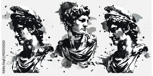 Set of three graffiti-style busts of classical sculptures. Black and white ink splash art depicting ancient statues, capturing a modern, edgy interpretation of classical Greek and Roman aesthetics.