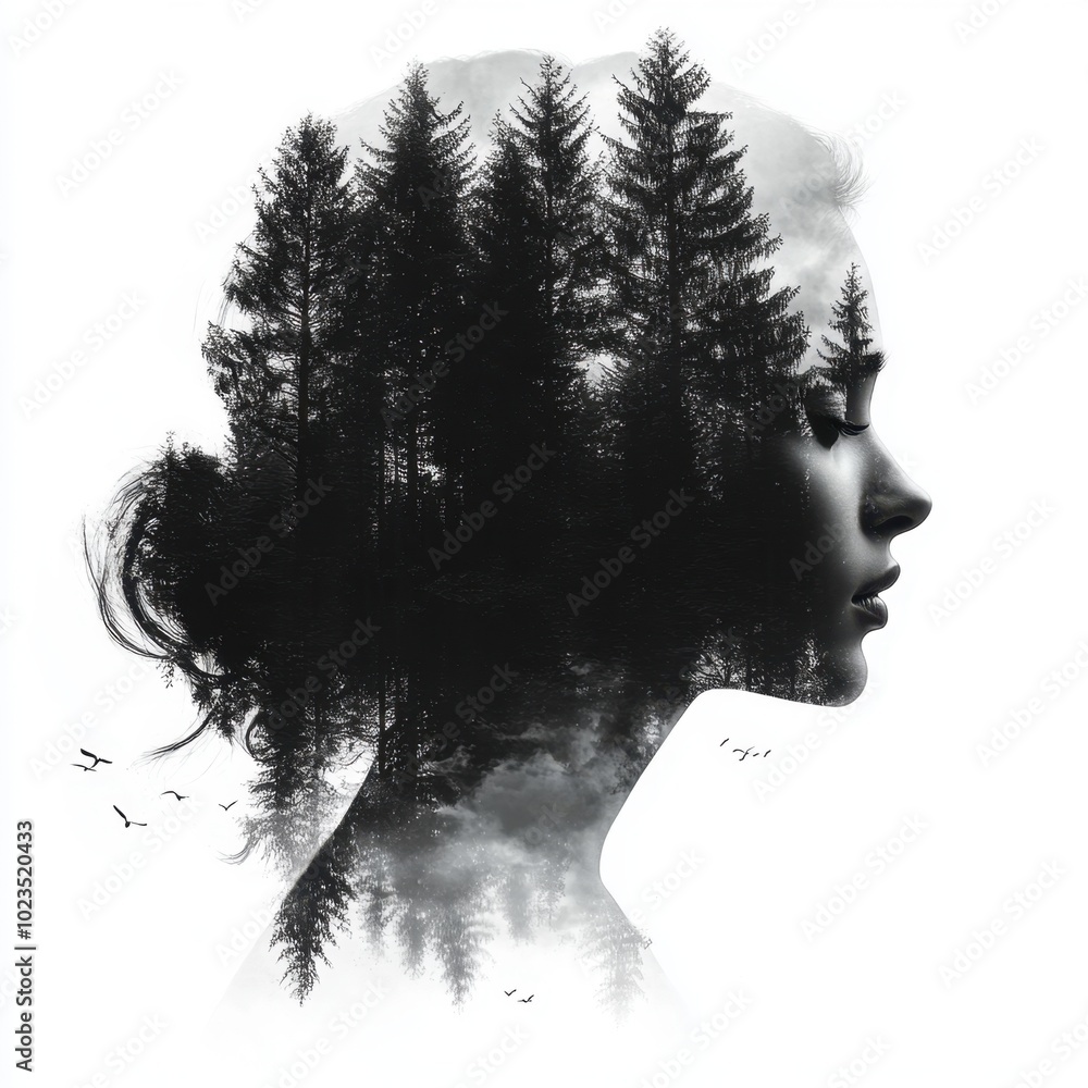 Fototapeta premium The outline of a woman’s body filled with tall trees, her hair merging with the forest canopy as birds fly off into the morning sky. White background. AR: 4:3. 