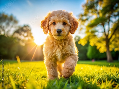 Adorable Poodle Golden Mix Puppy Playing Outdoors in a Sunny Park - Perfect Family Pet and Loyal Companion