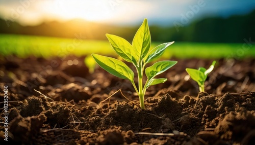 A young plant growing in a field is visible and blurred background