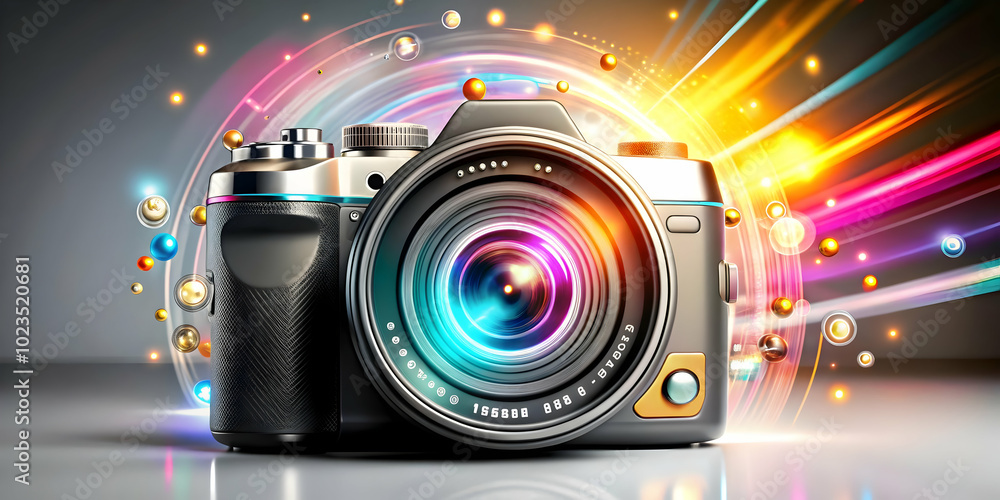 Glossy Background of a Digital Camera with Glowing Elements: Perfect Space for Copy - Ideal for Photography Tech Ads, Creative Tools, and Millennial Lifestyle Branding Glossy Background of a Digital Camera with Glowing Elements: Perfect Space for Copy - Ideal for Photography Tech Ads, Creative Tools, and Millennial Lifestyle Branding