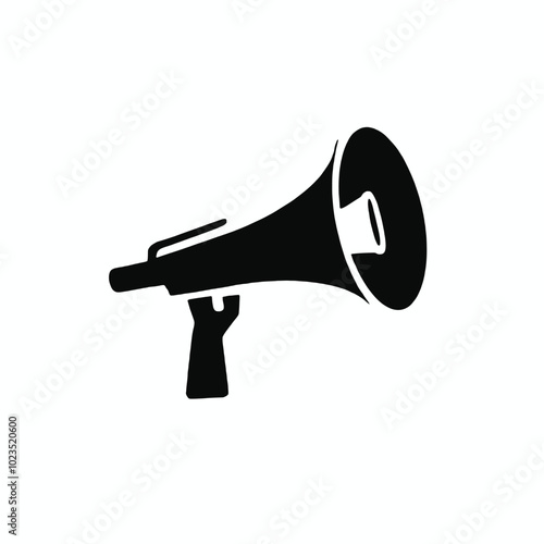 A black and white illustration of a megaphone or bullhorn with a sun-like symbol on the speaker 