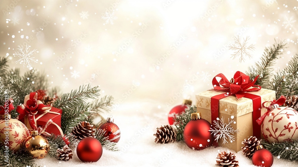 Obraz premium Festive Christmas scene with golden gift box, red ornaments, pine branches, and pinecones on snowy background with sparkling bokeh lights.
