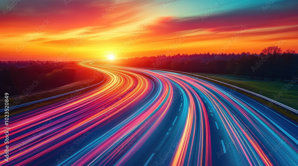 Captivating sunset scene featuring vibrant traffic light streaks on a highway. The blend of colors evokes energy and movement in an urban landscape Captivating sunset scene featuring vibrant traffic light streaks on a highway. The blend of colors evokes energy and movement in an urban landscape