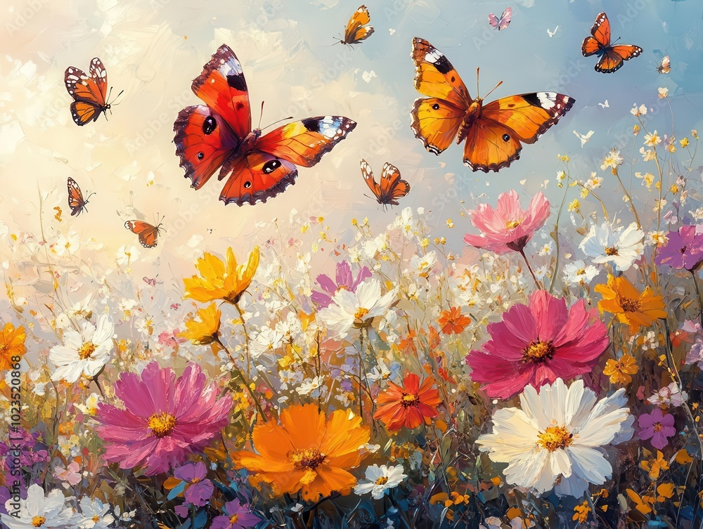 fluttering butterflies dancing above a colorful field of blossoming spring flowers, capturing the essence of renewal and the beauty of nature in a lively, enchanting scene fluttering butterflies dancing above a colorful field of blossoming spring flowers, capturing the essence of renewal and the beauty of nature in a lively, enchanting scene