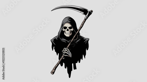 Black hooded robe and skeletal hand holding scythe on white background.