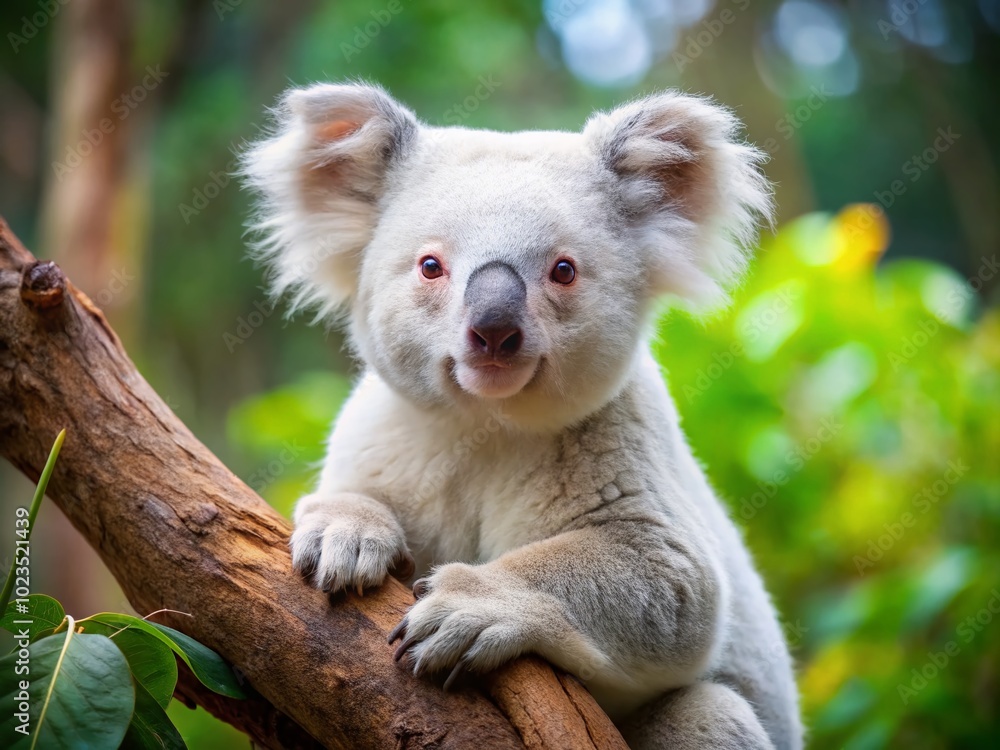 Fototapeta premium Adorable White Koala Bear in Natural Habitat, Showcasing Unique Fur Texture and Playful Behavior in Australian Wildlife