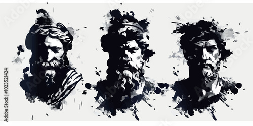 Set of three graffiti-style busts of classical sculptures. Black and white ink splash art depicting ancient statues, capturing a modern, edgy interpretation of classical Greek and Roman aesthetics.