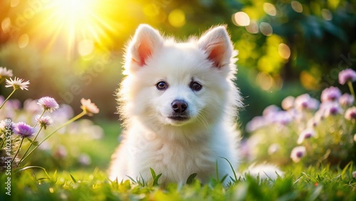 Adorable White Pomsky Puppy Playing in a Sunny Garden – Perfect for Pet Lovers and Animal Enthusiasts