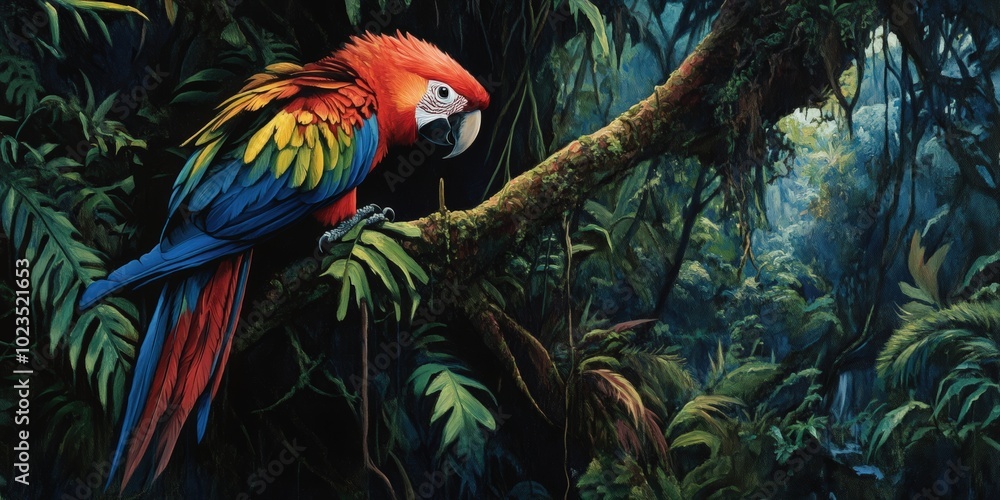 A colorful macaw perched on a branch in a lush A colorful macaw perched on a branch in a lush