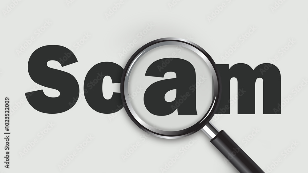 Scam text on white cover with magnifying glass. Scamming and fraud concept Scam text on white cover with magnifying glass. Scamming and fraud concept