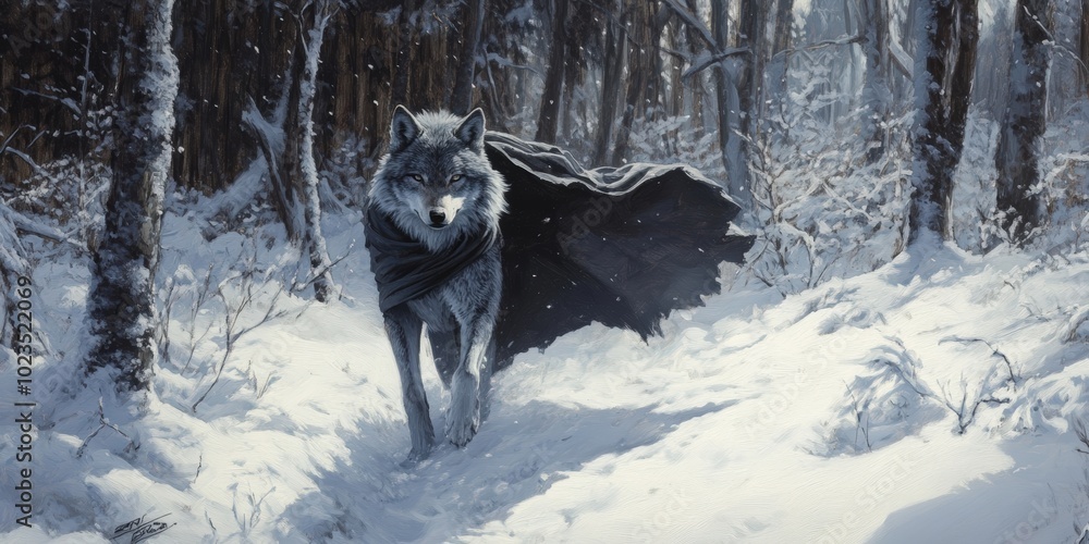Wolf in a black cloak walks through snowy forest. Wolf in a black cloak walks through snowy forest.